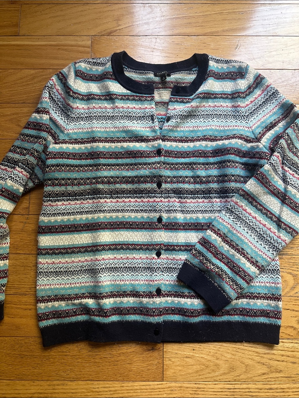 Talbots Striped Button Cardigan - Navy, Teal & Cream